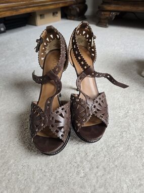 Guess Brown Cutout Leather Heeled Sandals